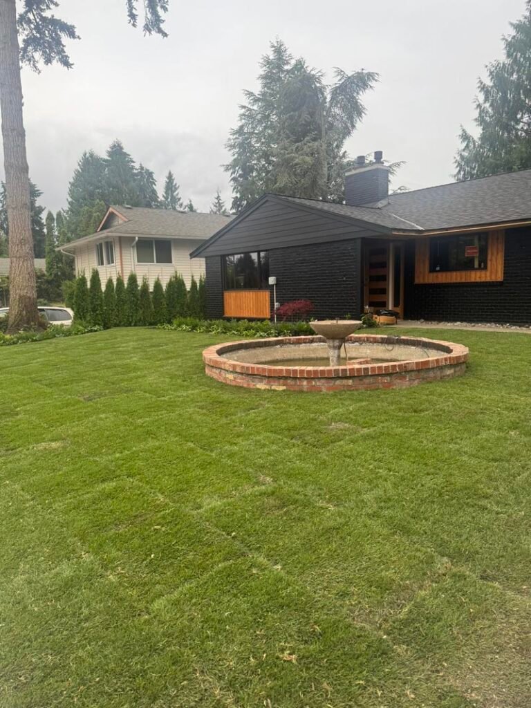 Full frontyard makeover with new sod and fountain