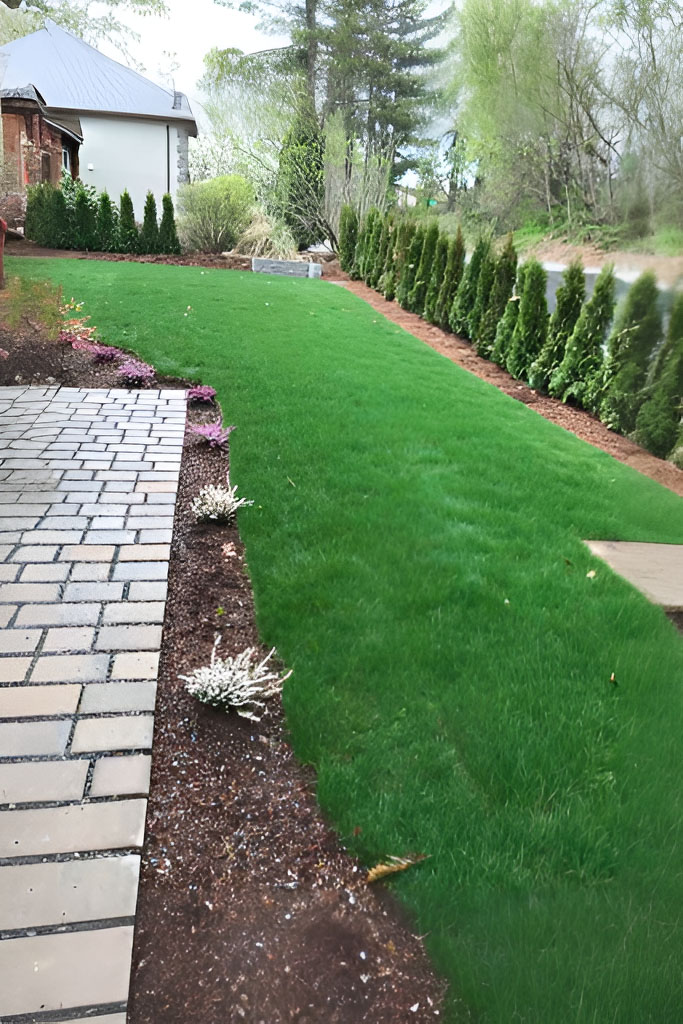 Well-manicured lawn with paved pathway and decorative plants.
