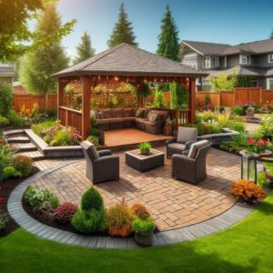 Elegant backyard gazebo with seating and lush gardens In Washington