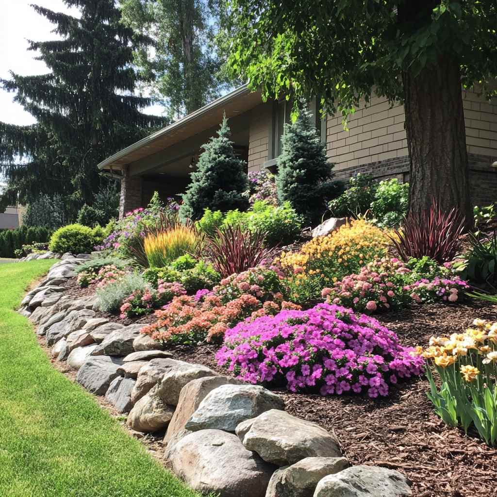 Lush garden by stone house with varied flowers and shrubs.