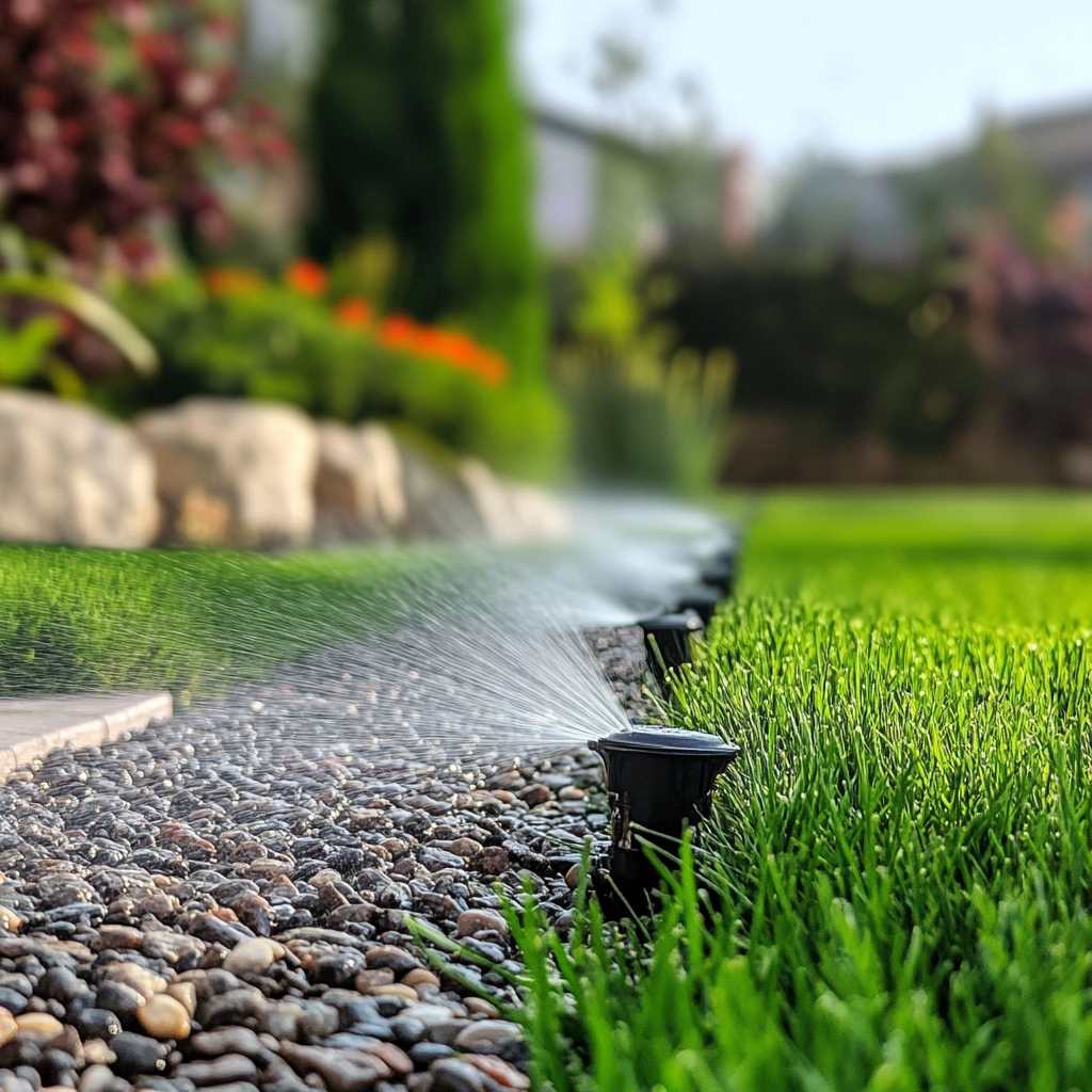 Sprinkler watering lush green grass with blurred background