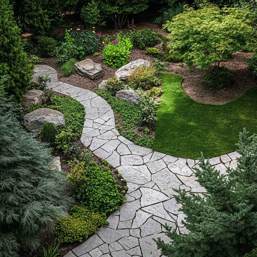 Lush garden with winding stone pathway and plants