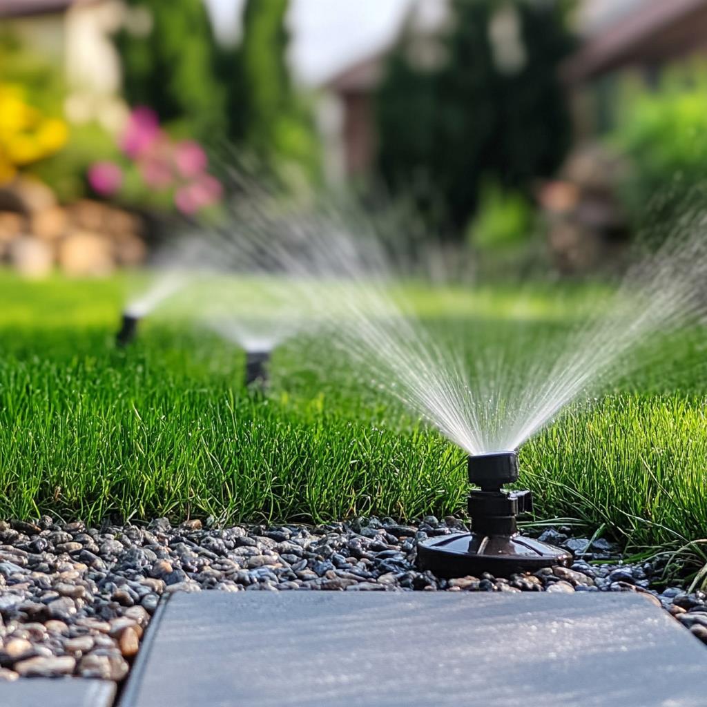 Lawn sprinkler watering lush green grass in garden