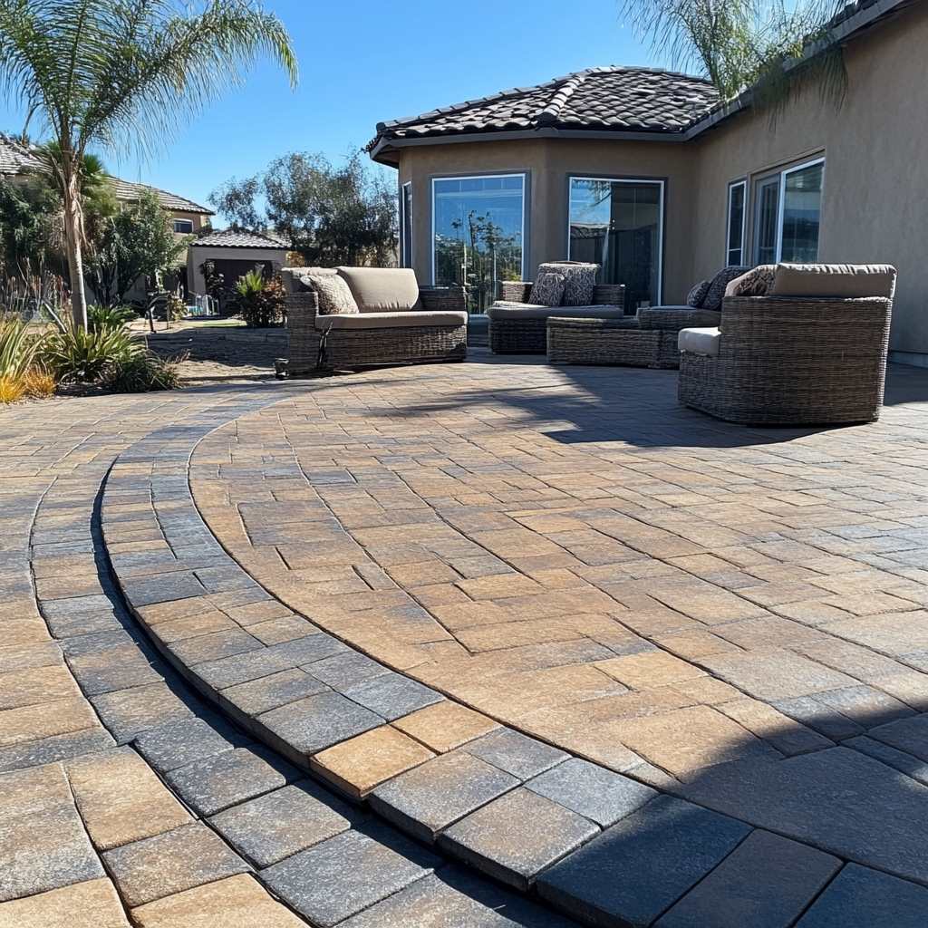 Curved stone patio with outdoor furniture in sunny backyard