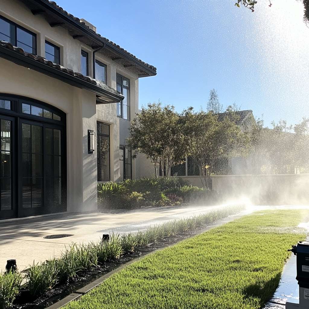 Luxury house with sprinklers watering lawn in sunlight