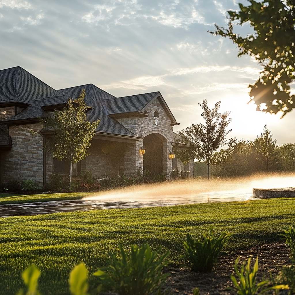 Luxury house with sprinklers on sunny evening