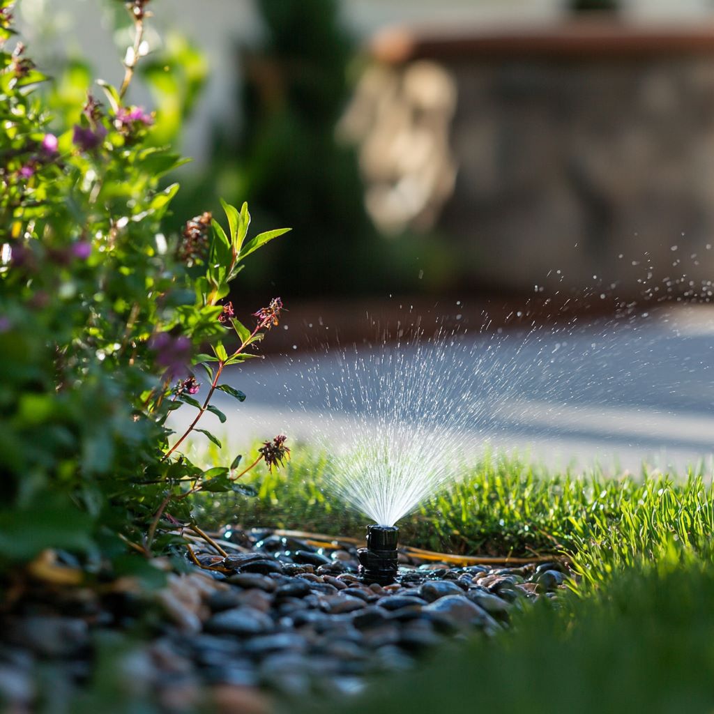 Garden sprinkler watering grass on sunny day