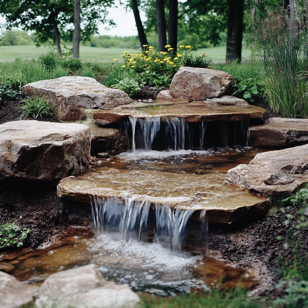 Natural rock garden waterfall amid green foliage