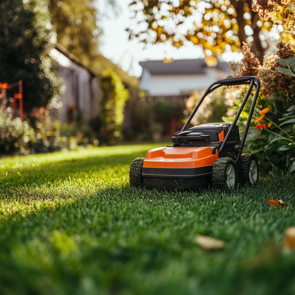 Orange lawn mower on lush green grass in garden