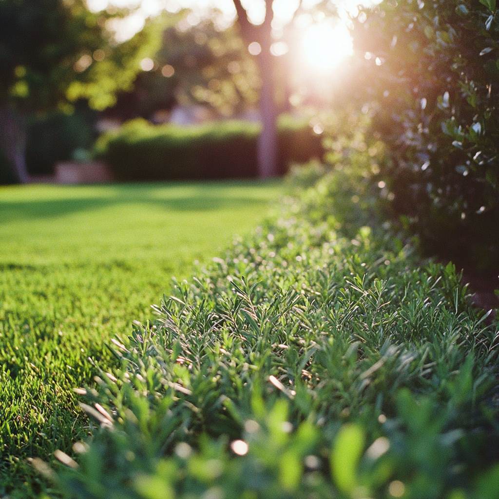 Sunset light filtering through lush garden foliage