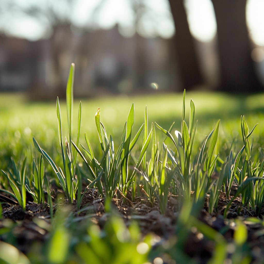 Close-up of fresh grass blades in sunlight