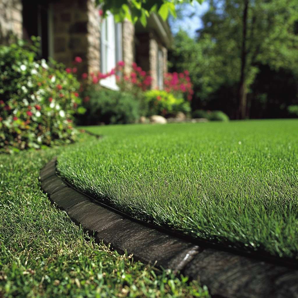 Lush green lawn with flowerbeds by stone house