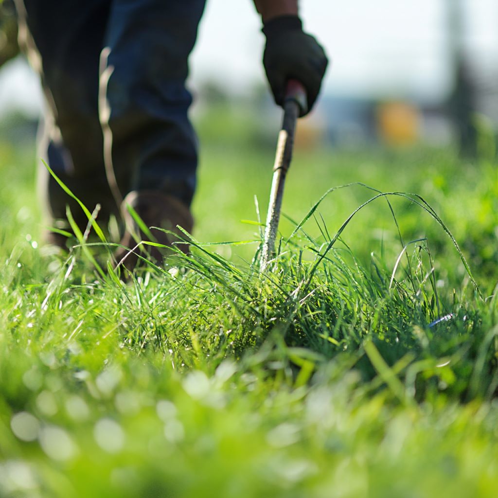 Person weeding grassy field with tool