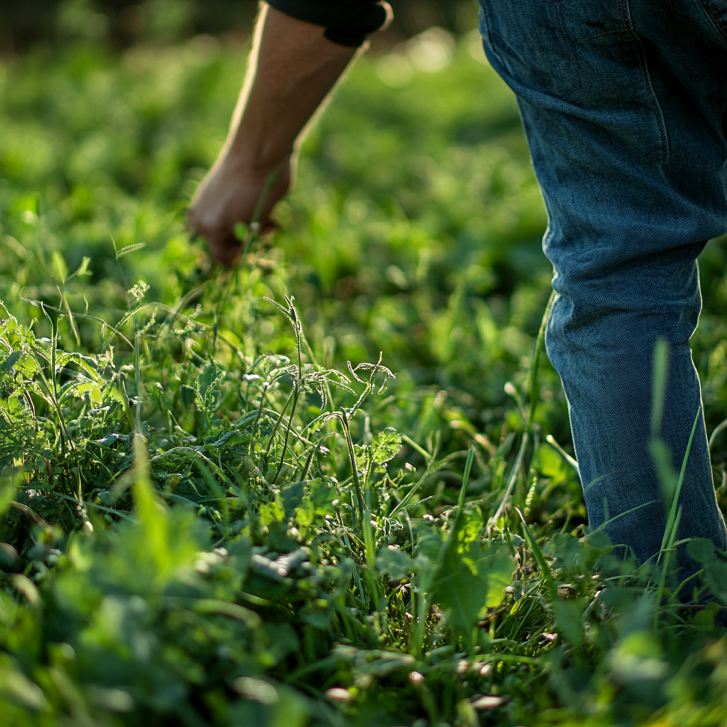 Person picking plants in sunlit green field