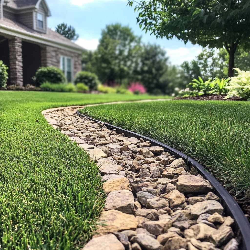 Well-maintained garden path with rocks and lush lawn