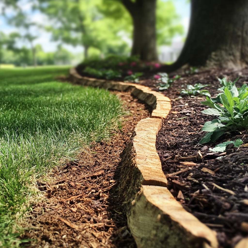 Curved woodland mulch path with lush green trees