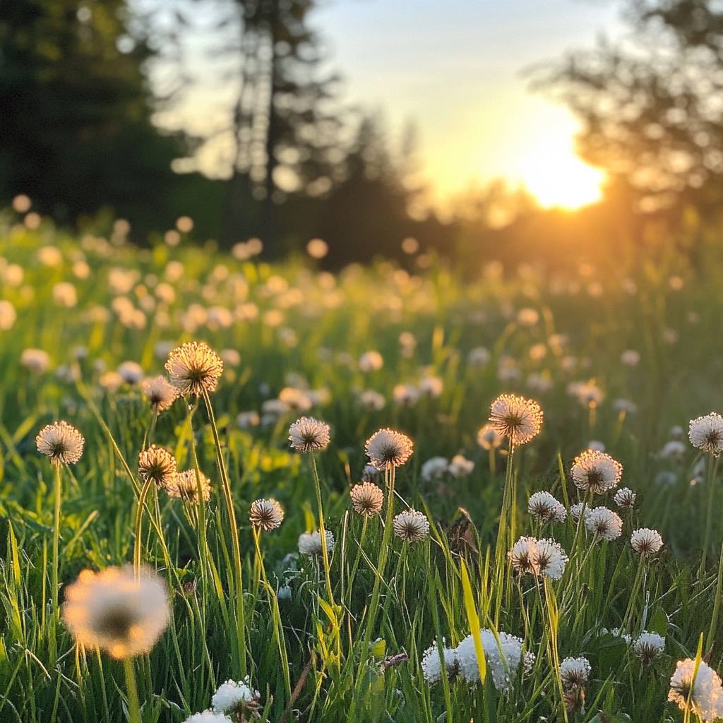 Sunset over dandelion field with glowing light