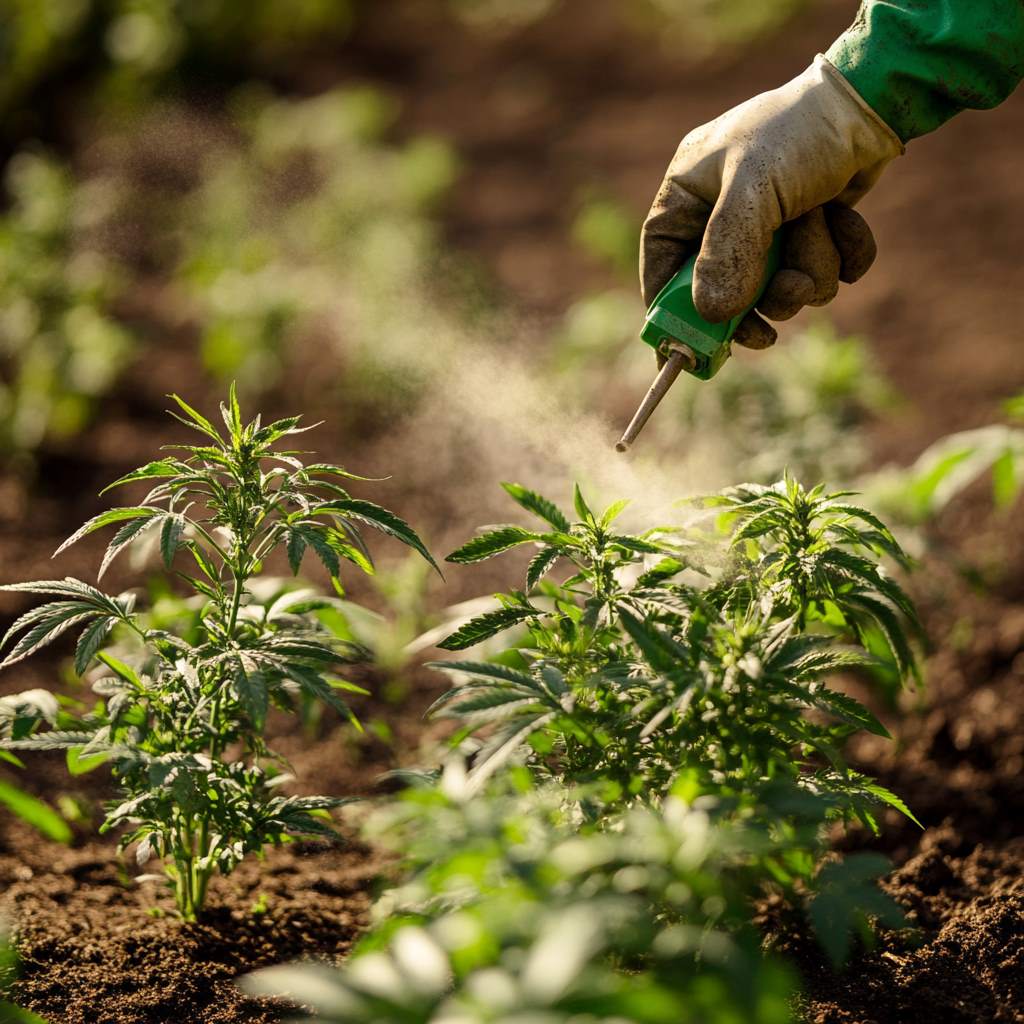 Gloved hand spraying young cannabis plants in soil