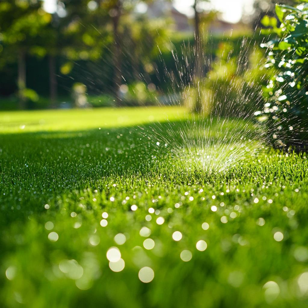 Sprinkler watering fresh green lawn in sunlight