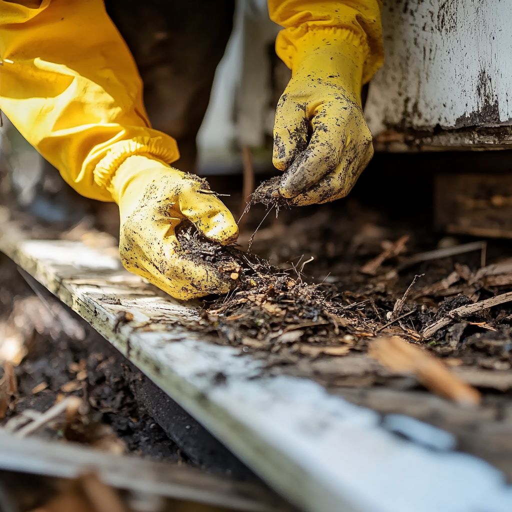 Beekeeper removing debris in yellow gloves