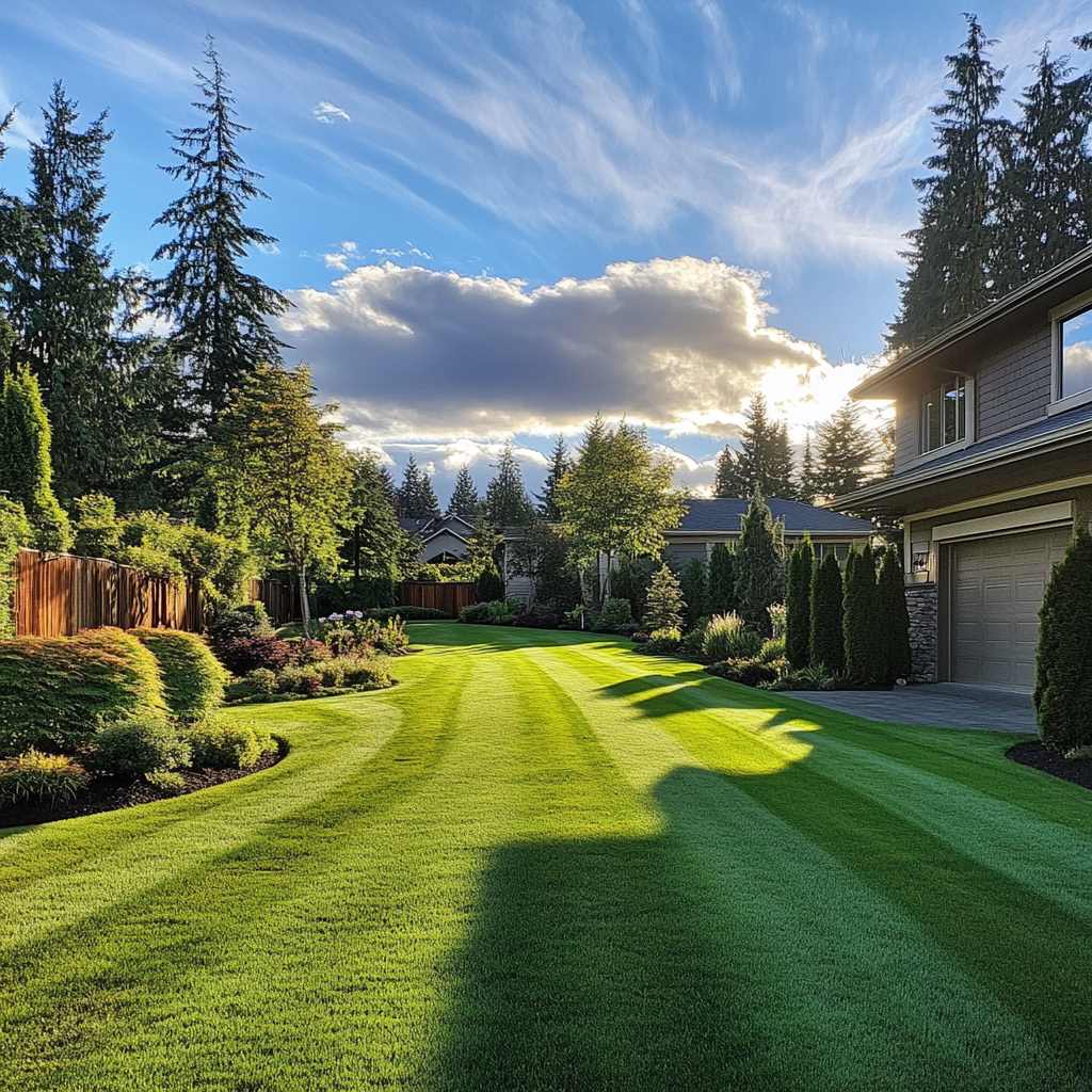 Sunlit suburban home with lush green lawn and trees