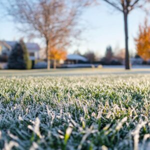 Frost-covered grass at sunrise in suburban area