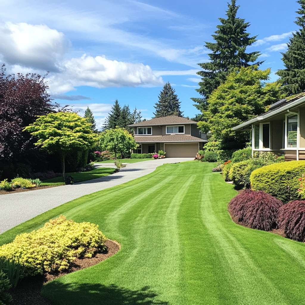 Lush suburban home with manicured lawn and vibrant garden