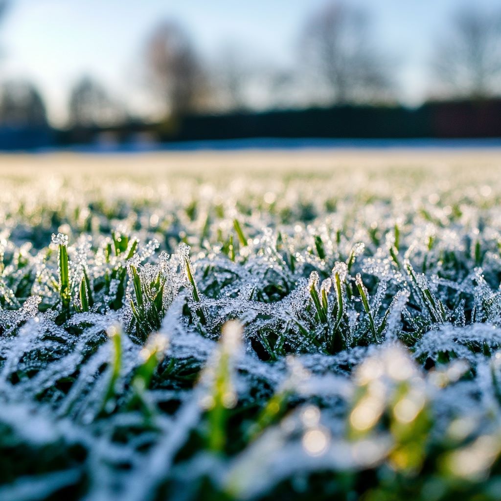 Frost-covered grass in sunlight with trees