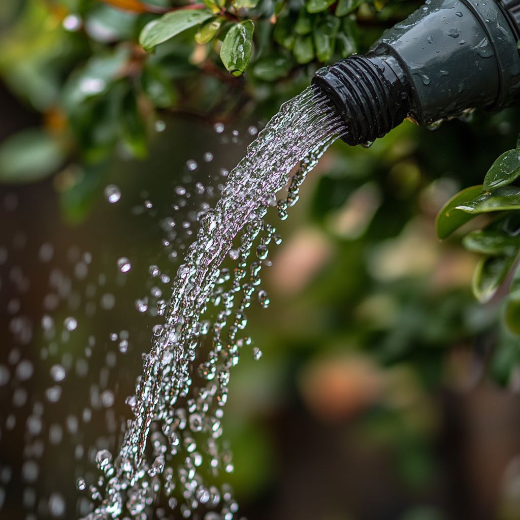 Water flowing from garden hose sprinkling plants