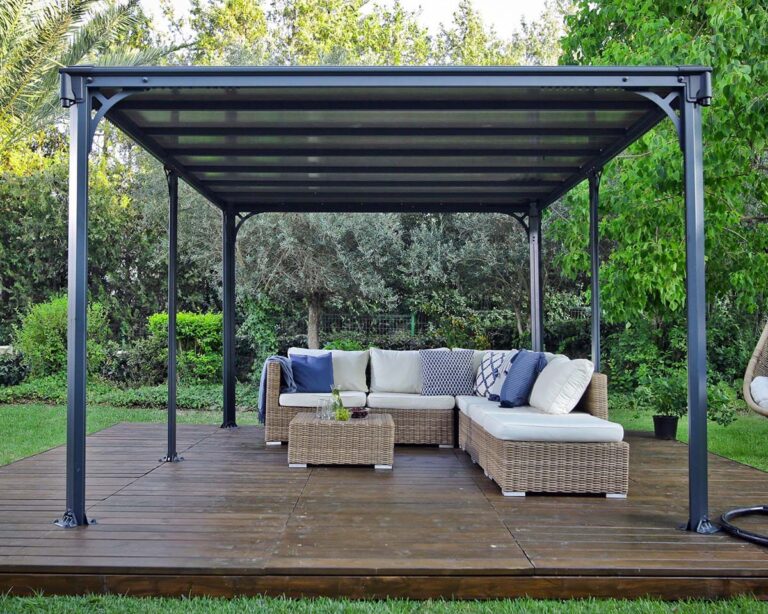 Outdoor patio with wicker furniture and pergola