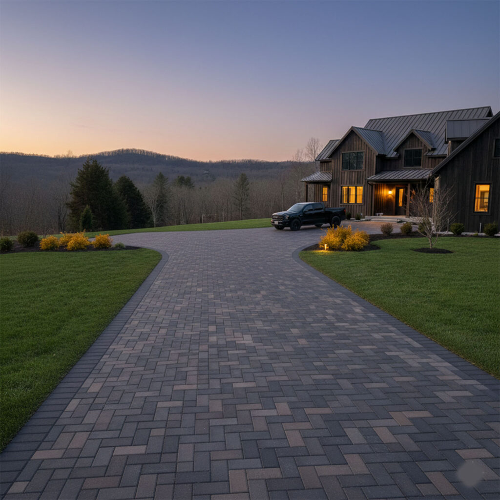 Modern house with brick driveway at sunset