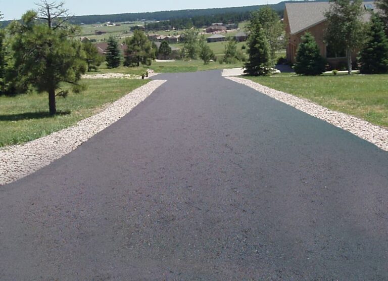 Freshly paved asphalt driveway in suburban area