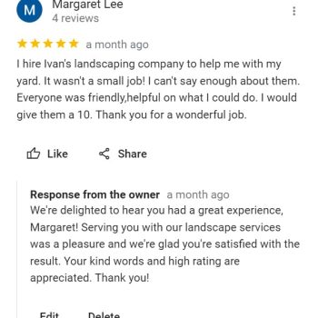 Screenshot of positive landscaping service review and response