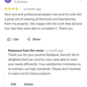 Screenshot of a customer review and business response